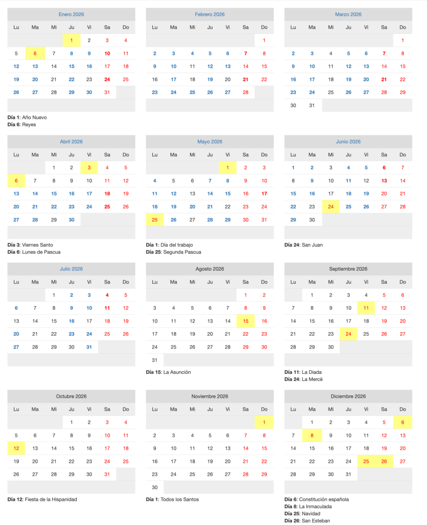 Calendario laboral en Barcelona 2026 1 Calendario laboral Barcelona 2026